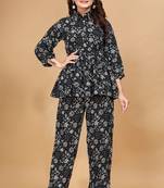 Dark blue color rayon fabric floral printed top and bottom set