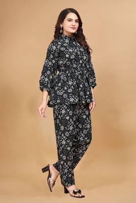 Dark blue color rayon fabric floral printed top and bottom set 2