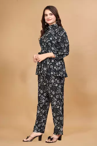 Dark blue color rayon fabric floral printed top and bottom set