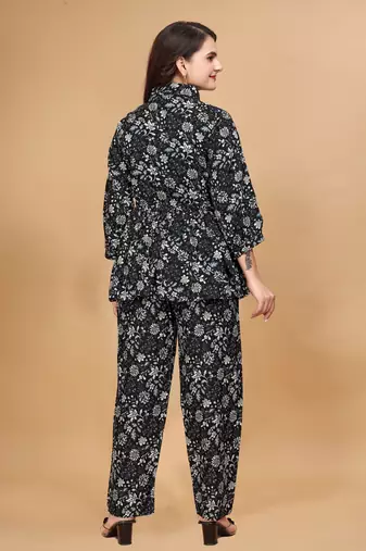Dark blue color rayon fabric floral printed top and bottom set