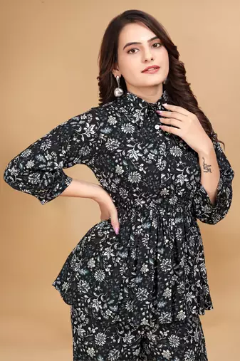 Dark blue color rayon fabric floral printed top and bottom set