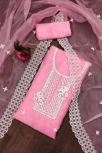 Manvaa women's baby pink unstitched heavy thread embrodiery organza dress material 