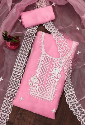 Manvaa women's baby pink heavy thread embrodiery organza dress material 3
