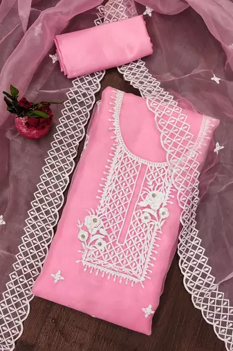 Manvaa women's baby pink heavy thread embrodiery organza dress material