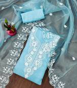 Manvaa women's sky blue unstitched heavy thread embrodiery work organza dress material
