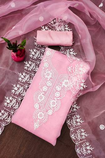 Manvaa women's baby pink unstitched heavy thread embrodiery work organza dress material 