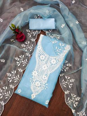 Manvaa women's sky blue heavy thread embrodiery work organza dress material 1