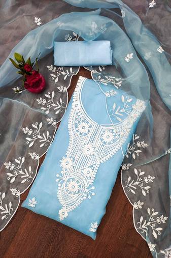 Manvaa women's sky blue unstitched heavy thread embrodiery work organza dress material 