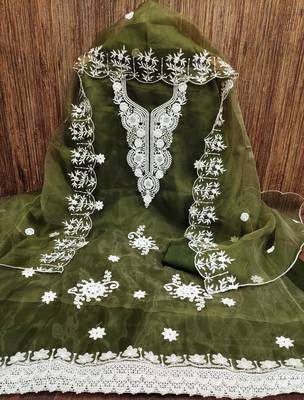 Manvaa women's mehandi heavy thread embrodiery work organza dress material 3