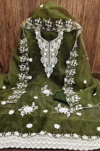 Manvaa women's mehandi heavy thread embrodiery work organza dress material
