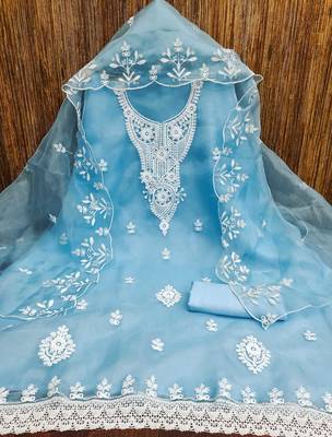 Manvaa women's sky blue heavy thread embrodiery work organza dress material 3
