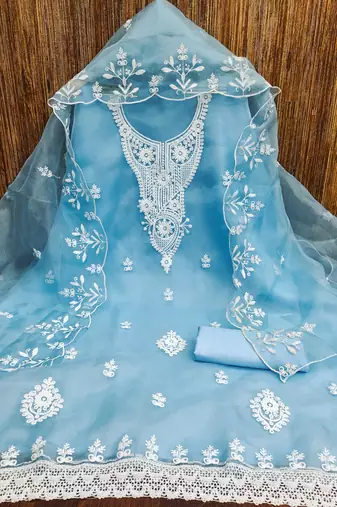 Manvaa women's sky blue heavy thread embrodiery work organza dress material