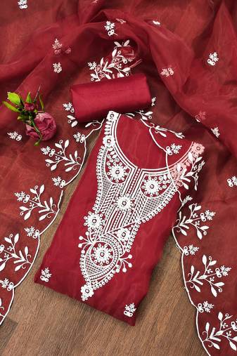 Manvaa women's red unstitched heavy thread embrodiery work organza dress material 
