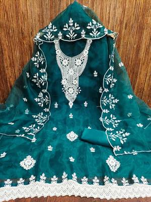 Manvaa women's sea green heavy thread embrodiery work organza dress material 3