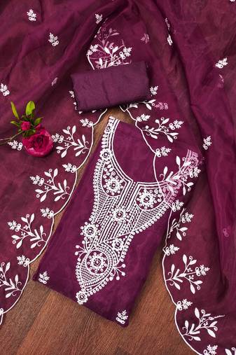 Manvaa women's purple unstitched heavy thread embrodiery work organza dress material 