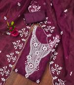 Manvaa women's purple unstitched heavy thread embrodiery work organza dress material