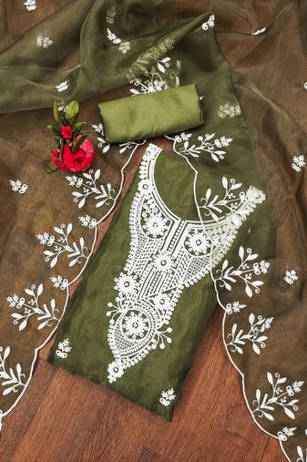 Manvaa women's mehandi unstitched heavy thread embrodiery work organza dress material 
