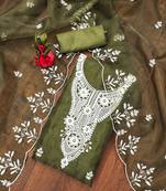 Manvaa women's mehandi unstitched heavy thread embrodiery work organza dress material