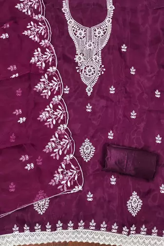 Manvaa women's purple heavy thread embrodiery work organza dress material