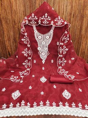 Manvaa women's red heavy thread embrodiery work organza dress material 3