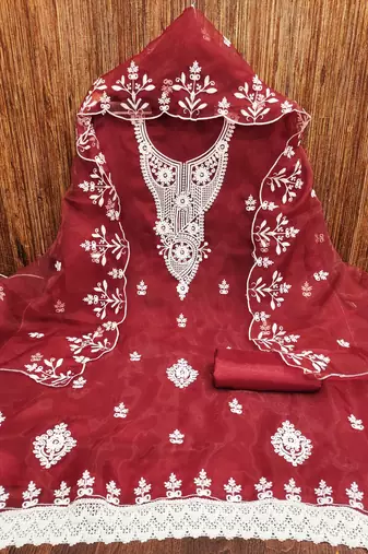 Manvaa women's red heavy thread embrodiery work organza dress material