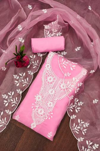 Manvaa women's baby pink unstitched heavy thread embrodiery work organza dress material 