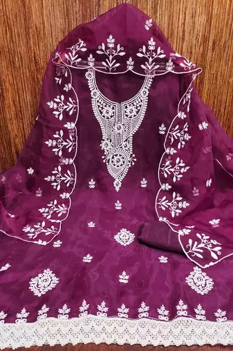 Manvaa women's purple heavy thread embrodiery work organza dress material