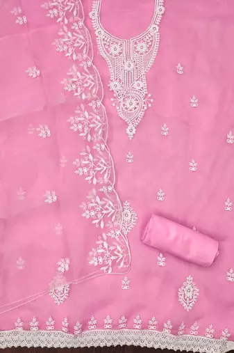 Manvaa women's baby pink heavy thread embrodiery work organza dress material