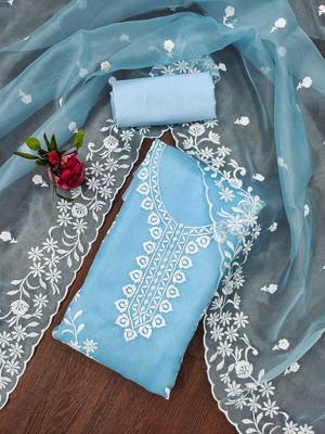Manvaa women's sky blue unstitched heavy thread embrodiery work organza dress material (cp9043sbl) 1