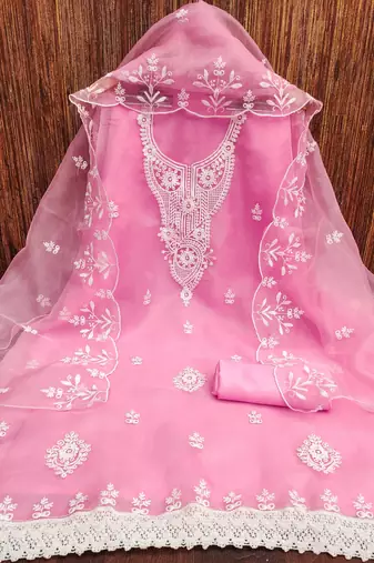 Manvaa women's baby pink heavy thread embrodiery work organza dress material