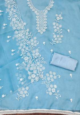 Manvaa women's sky blue unstitched heavy thread embrodiery work organza dress material (cp9043sbl) 2
