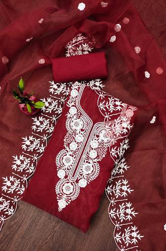 Manvaa women's red unstitched heavy thread embrodiery work organza dress material 