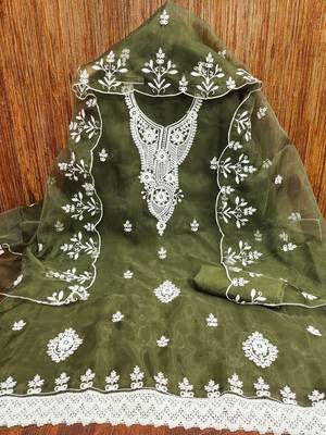Manvaa women's mehandi heavy thread embrodiery work organza dress material 3