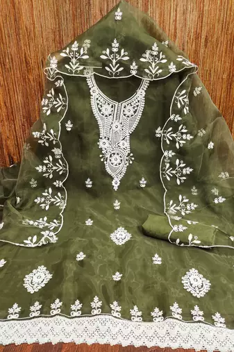 Manvaa women's mehandi heavy thread embrodiery work organza dress material