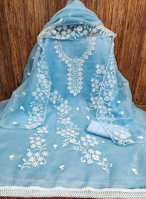 Manvaa women's sky blue unstitched heavy thread embrodiery work organza dress material (cp9043sbl) 3