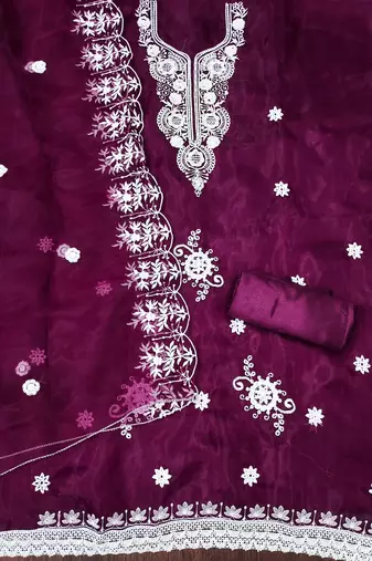Manvaa women's purple heavy thread embrodiery work organza dress material
