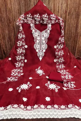 Manvaa women's red heavy thread embrodiery work organza dress material