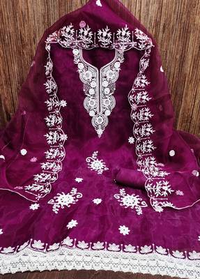 Manvaa women's purple heavy thread embrodiery work organza dress material 3