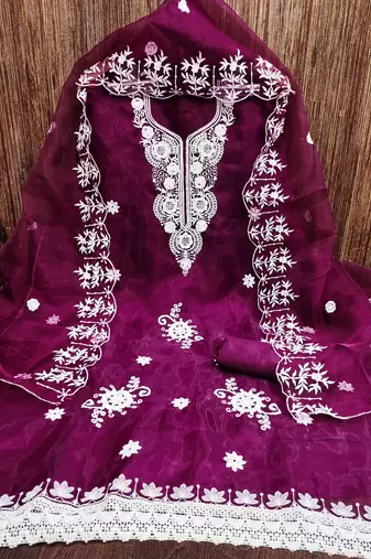 Manvaa women's purple heavy thread embrodiery work organza dress material