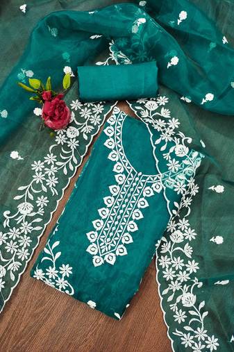 Manvaa women's sea green unstitched heavy thread embrodiery work organza dress material 