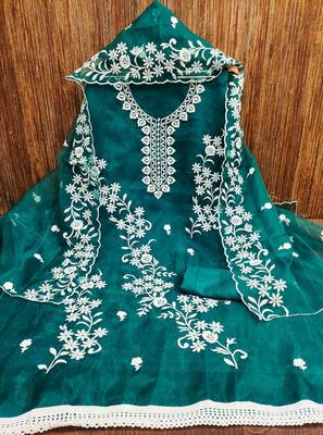 Manvaa women's sea green heavy thread embrodiery work organza dress material 3