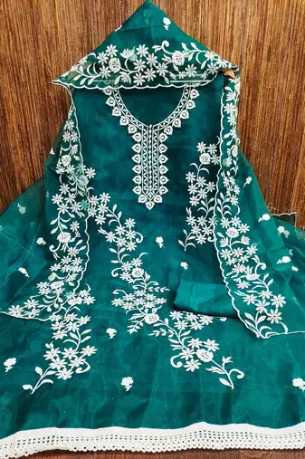 Manvaa women's sea green heavy thread embrodiery work organza dress material