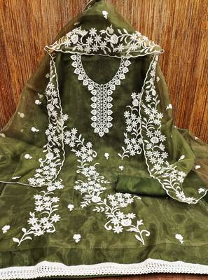 Manvaa women's mehandi heavy thread embrodiery work organza dress material 3