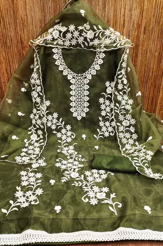 Manvaa women's mehandi heavy thread embrodiery work organza dress material