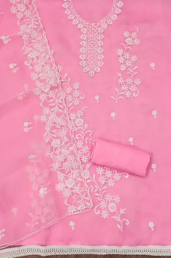 Manvaa women's baby pink heavy thread embrodiery work organza dress material