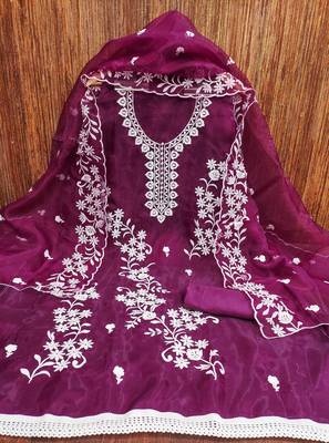 Manvaa women's magenta heavy thread embrodiery work organza dress material 3