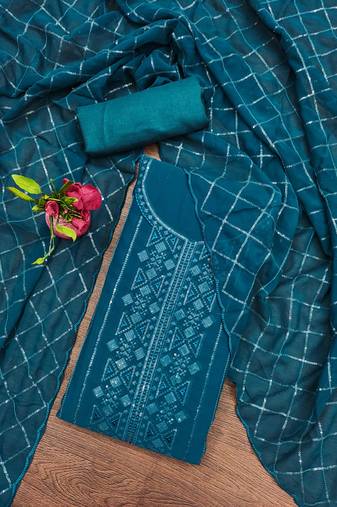 Manvaa women's teal unstitched sequence work with neck work georgette dress material 