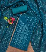 Manvaa women's teal unstitched sequence work with neck work georgette dress material 