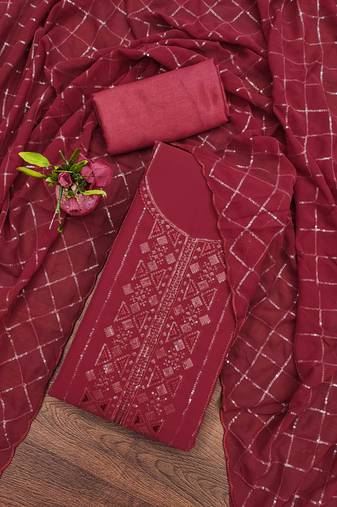 Manvaa women's red unstitched sequence work with neck work  georgette dress material 