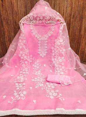 Manvaa women's baby pink heavy thread embrodiery work organza dress material 3